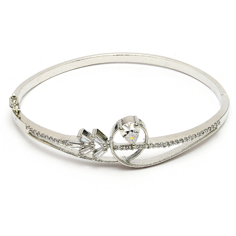 Rhodium Plated Silver Toned White Teardrop American Diamond Studded Cuff Bracelet