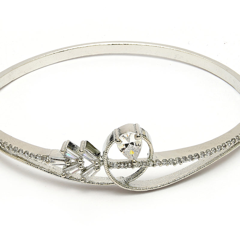 Rhodium Plated Silver Toned White Teardrop American Diamond Studded Cuff Bracelet