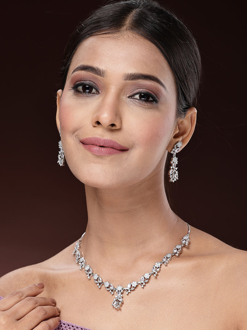 Rhodium Plated with Leaf Drop Design & White American Diamond Studded Necklace Set