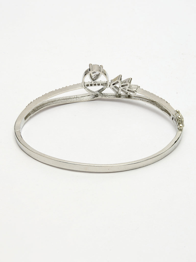 Rhodium Plated Silver Toned White Teardrop American Diamond Studded Cuff Bracelet