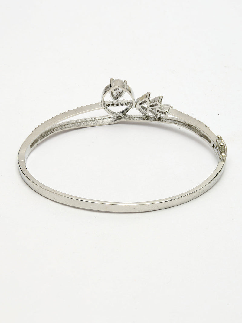 Rhodium Plated Silver Toned White Teardrop American Diamond Studded Cuff Bracelet