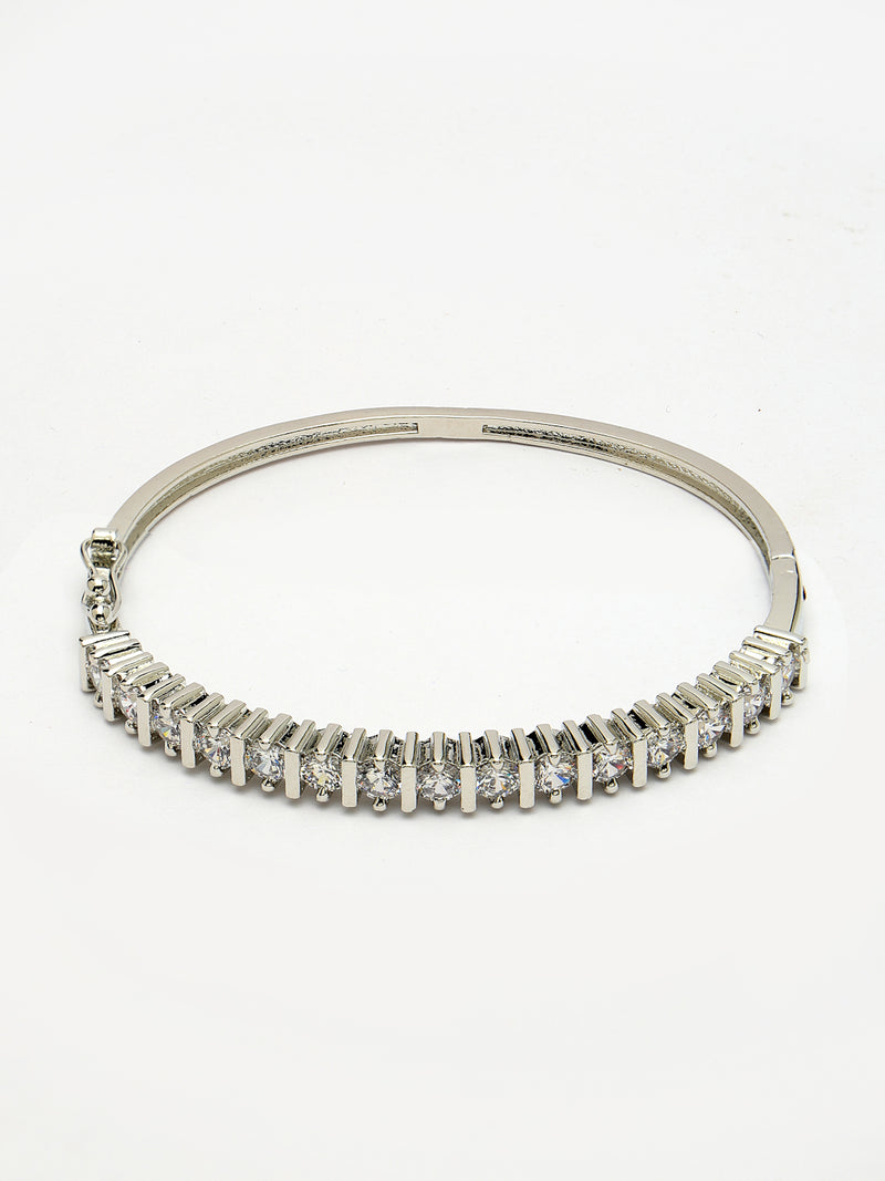Rhodium Plated Silver Toned Minimal Round White American Diamond Studded Cuff Bracelet