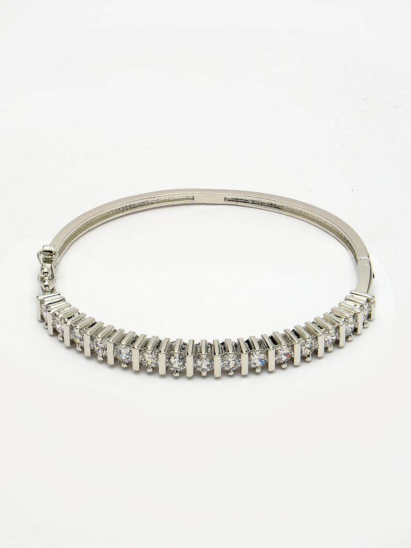 Rhodium Plated Silver Toned Minimal Round White American Diamond Studded Cuff Bracelet