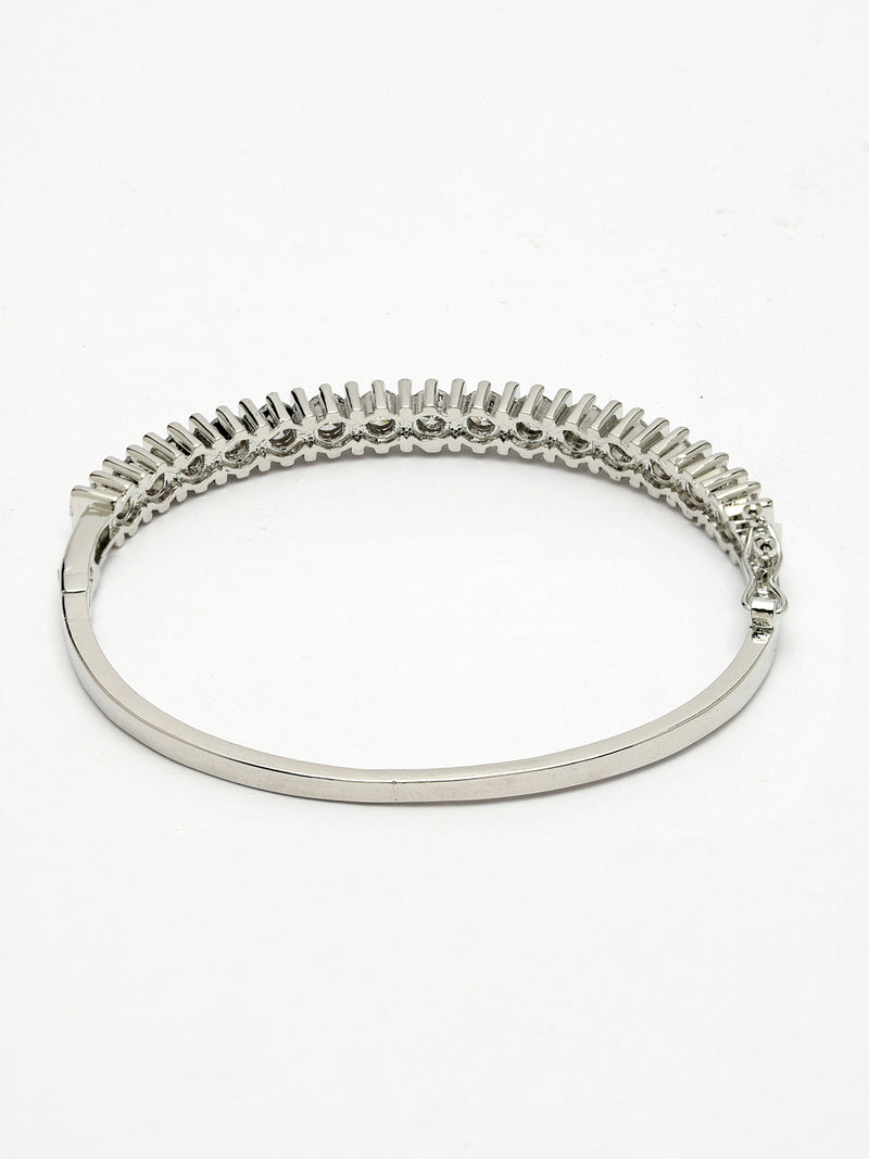 Rhodium Plated Silver Toned Minimal Round White American Diamond Studded Cuff Bracelet
