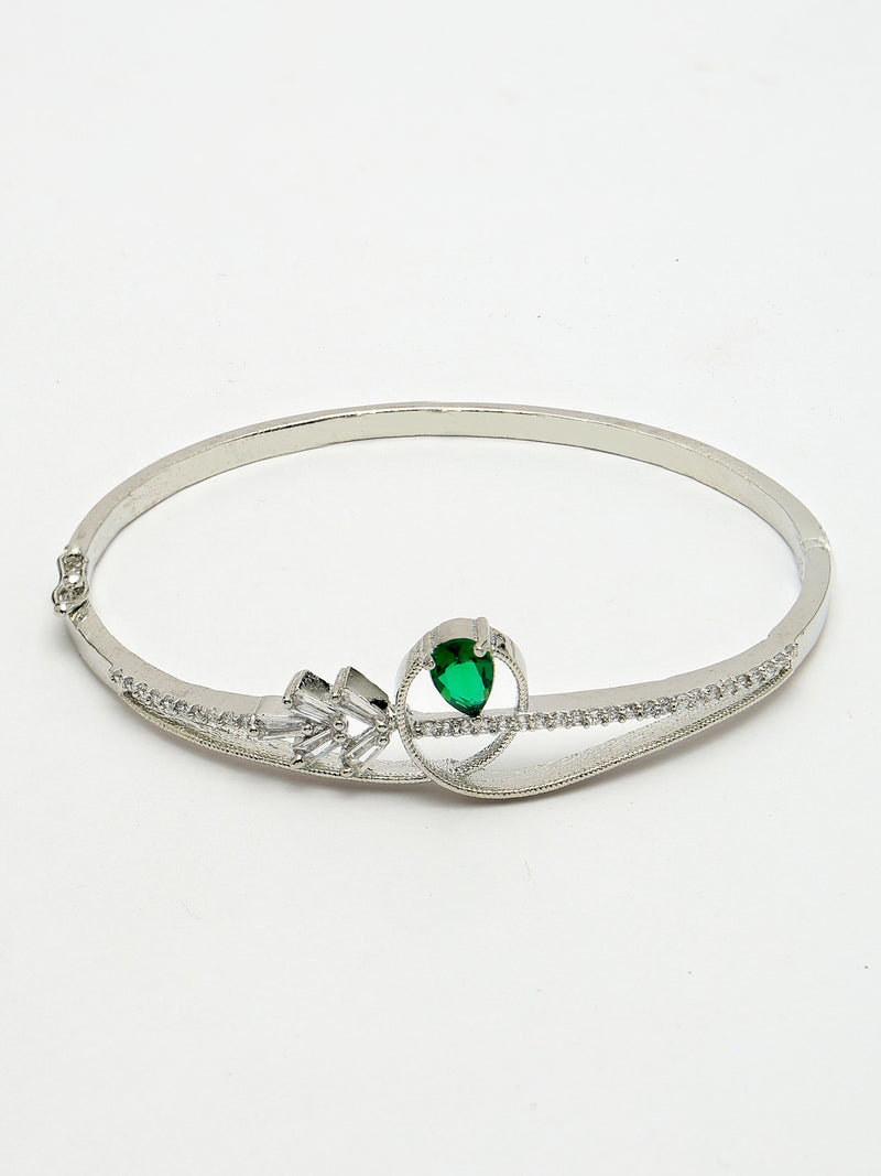 Rhodium Plated Silver Toned Green Teardrop American Diamond Studded Cuff Bracelet