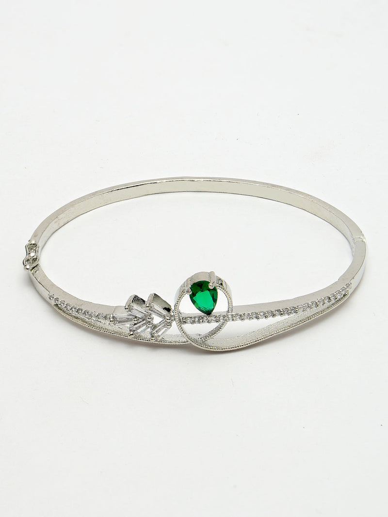 Rhodium Plated Silver Toned Green Teardrop American Diamond Studded Cuff Bracelet