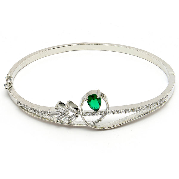 Rhodium Plated Silver Toned Green Teardrop American Diamond Studded Cuff Bracelet