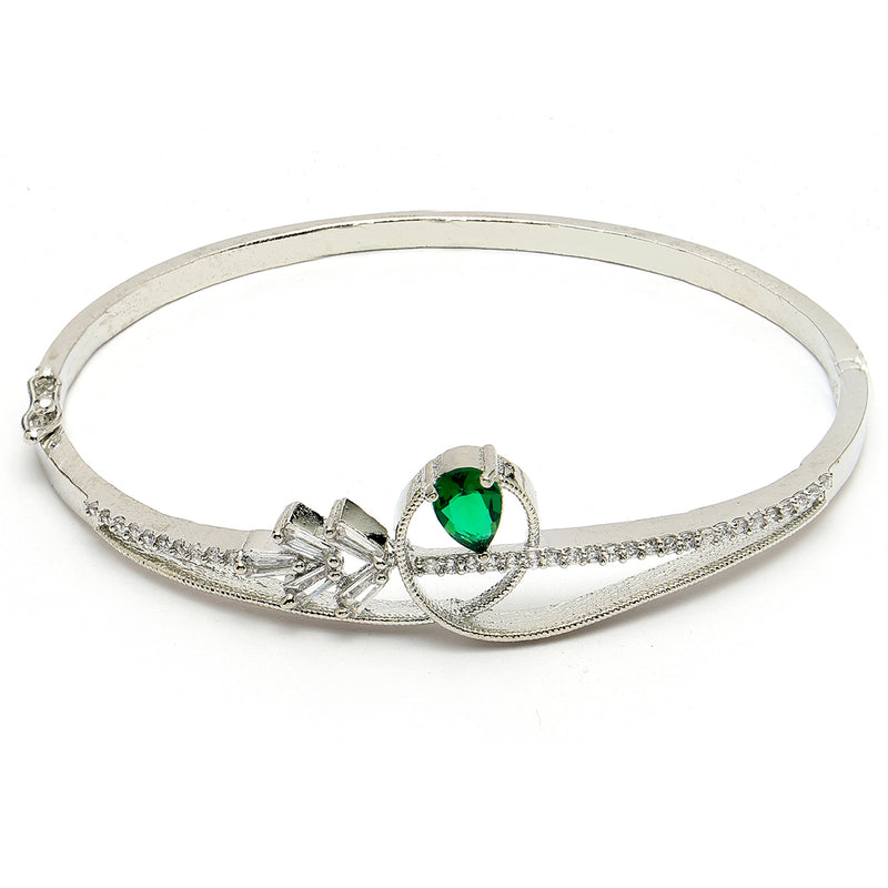 Rhodium Plated Silver Toned Green Teardrop American Diamond Studded Cuff Bracelet