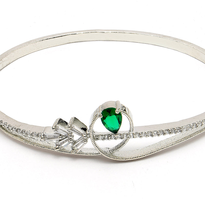 Rhodium Plated Silver Toned Green Teardrop American Diamond Studded Cuff Bracelet