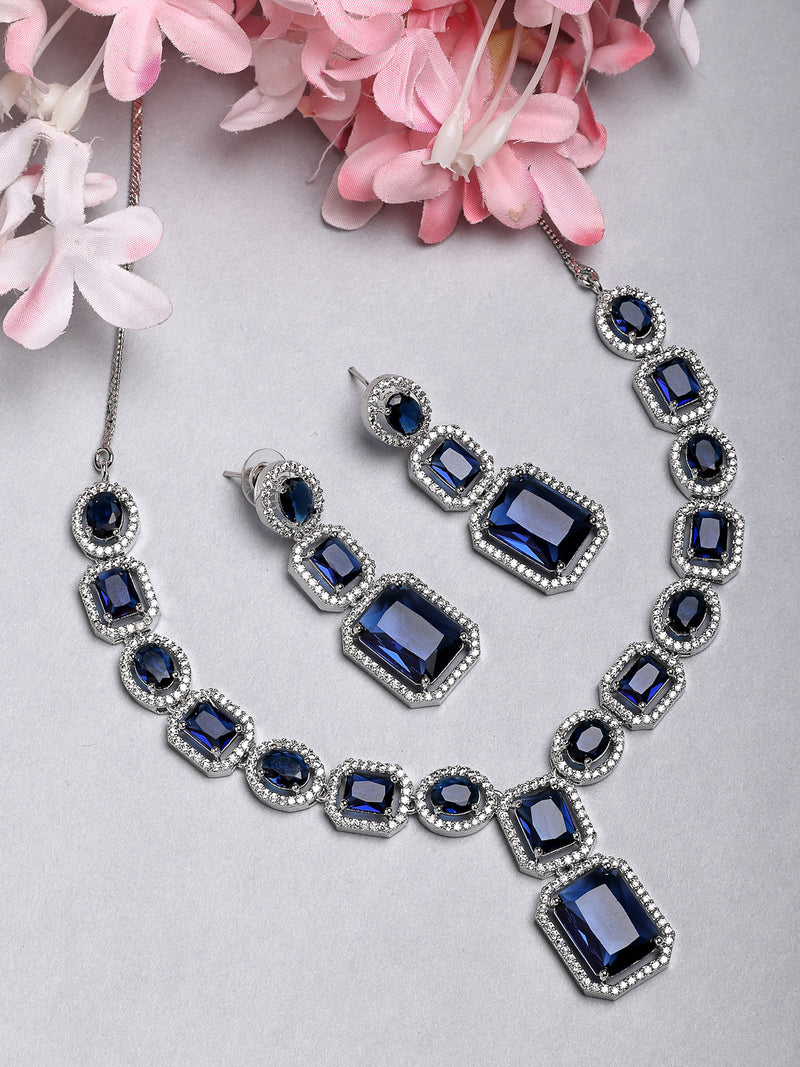 Rhodium Plated with Rectangle Drop Blue & American Diamond Studded Necklace Set