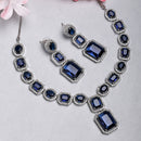 Rhodium Plated Silver Toned Royal Blue American Diamond Studded Jewellery Set
