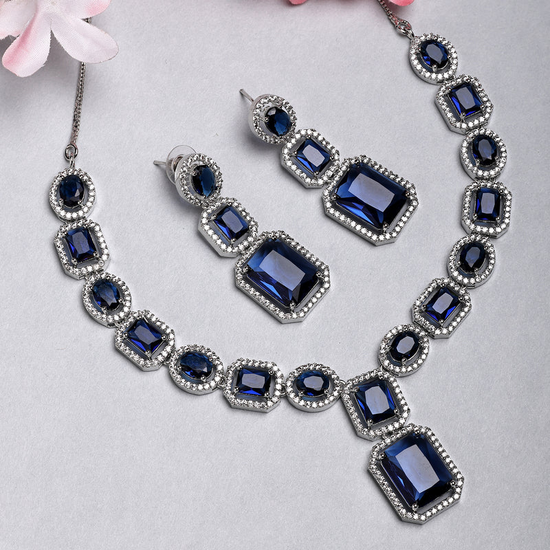Rhodium Plated Silver Toned Royal Blue American Diamond Studded Jewellery Set