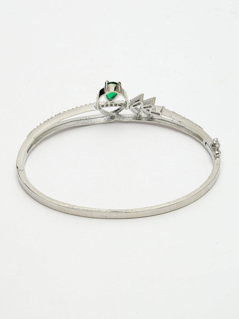 Rhodium Plated Silver Toned Green Teardrop American Diamond Studded Cuff Bracelet
