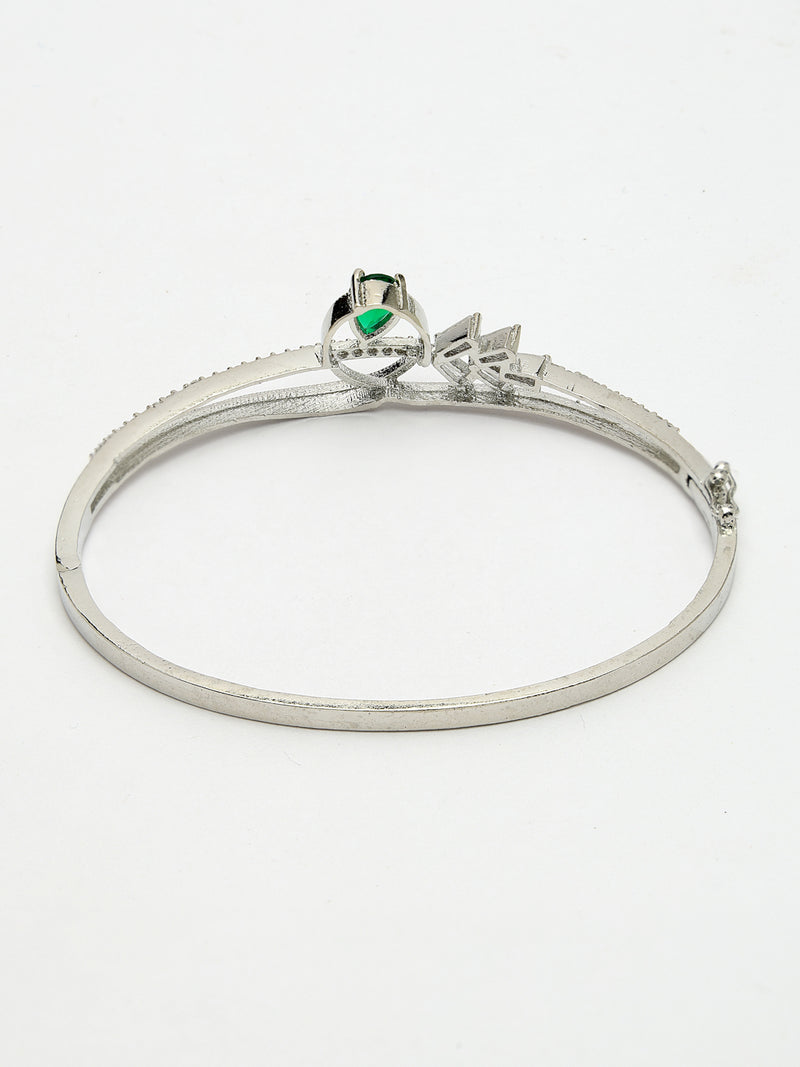 Rhodium Plated Silver Toned Green Teardrop American Diamond Studded Cuff Bracelet