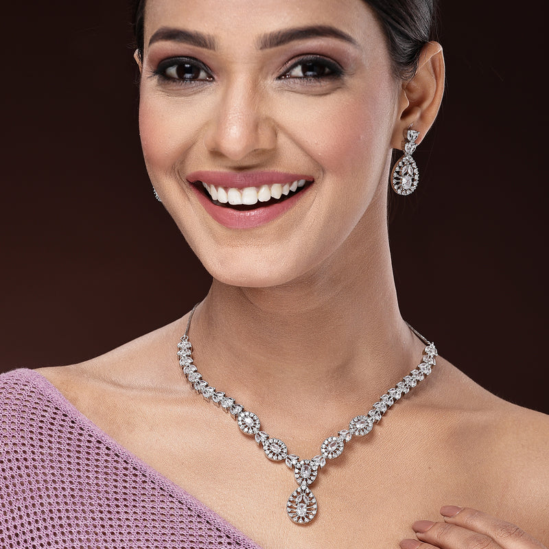 Rhodium Plated Silver Toned White American Diamond Jewellery Set