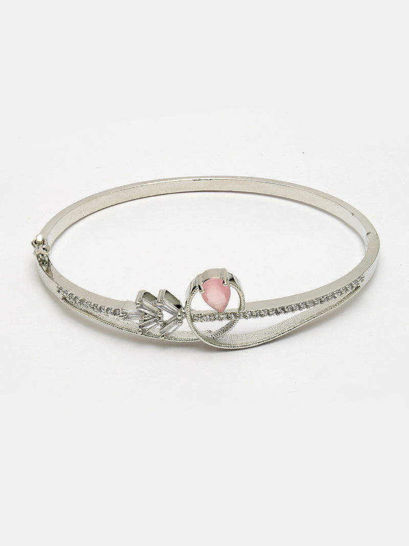 Rhodium Plated Silver Toned Pink Teardrop American Diamond Studded Cuff Bracelet