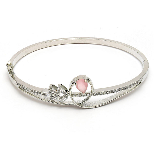 Rhodium Plated Silver Toned Pink Teardrop American Diamond Studded Cuff Bracelet