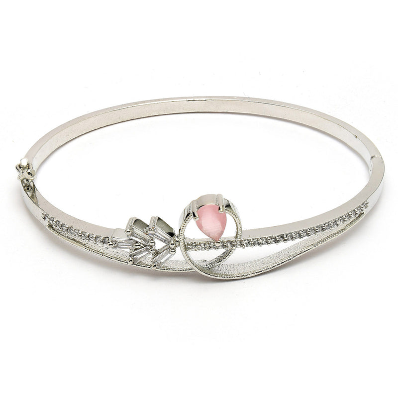 Rhodium Plated Silver Toned Pink Teardrop American Diamond Studded Cuff Bracelet