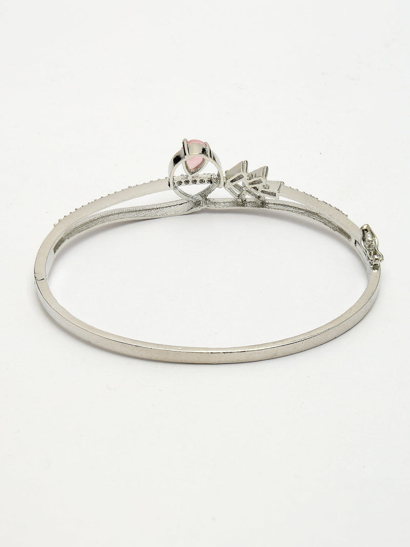 Rhodium Plated Silver Toned Pink Teardrop American Diamond Studded Cuff Bracelet