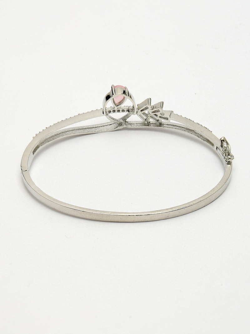 Rhodium Plated Silver Toned Pink Teardrop American Diamond Studded Cuff Bracelet