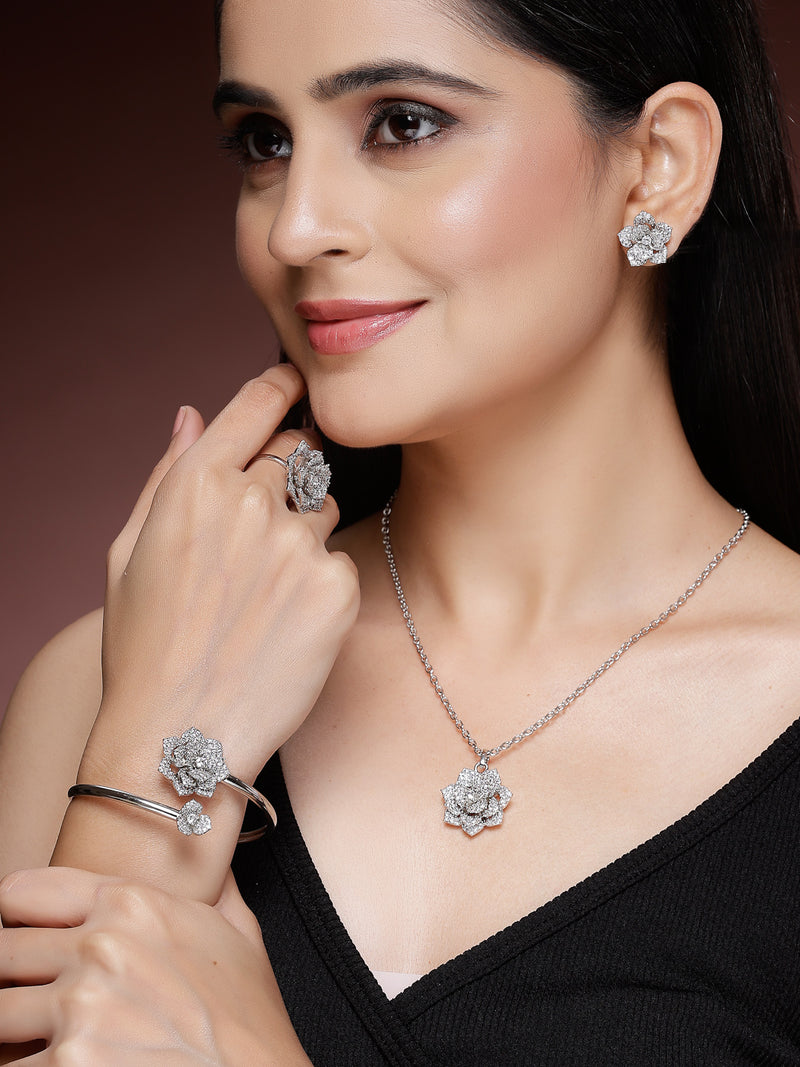 Rhodium Plated with White American Diamonds Studded Floral Shaped Pendent Combo Set