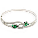 Rhodium Plated Silver Toned Nature Inspired Green Oval American Diamond Studded Cuff Bracelet