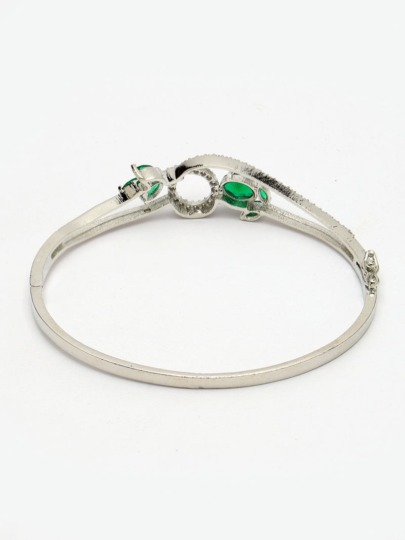 Rhodium Plated Silver Toned Nature Inspired Green Oval American Diamond Studded Cuff Bracelet