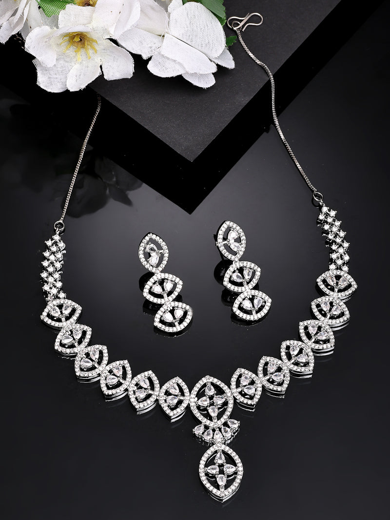 Rhodium Plated with Petal Shaped AD Stone Studded Necklace and Earrings Set