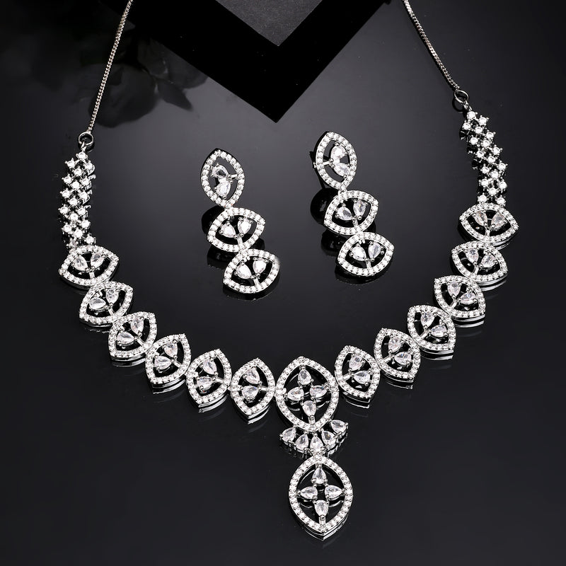 Rhodium Plated Silver Toned White American Diamond Stone Studded Jewellery Set