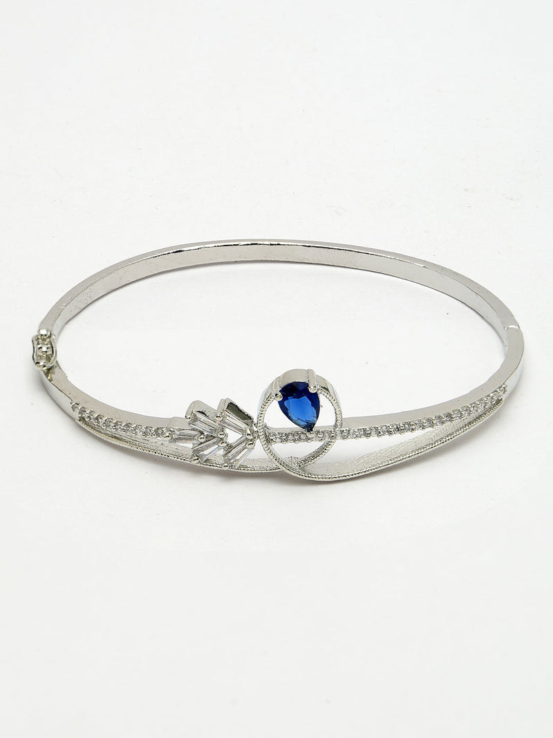 Rhodium Plated Silver Toned Blue Teardrop American Diamond Studded Cuff Bracelet