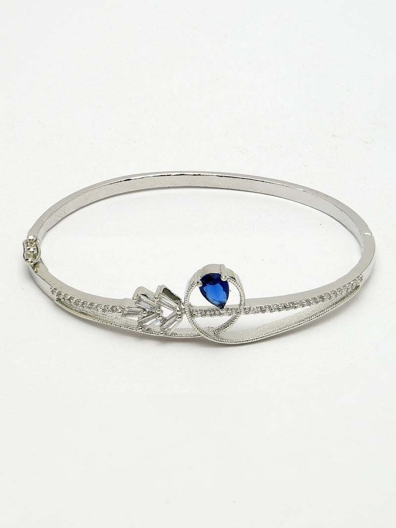 Rhodium Plated Silver Toned Blue Teardrop American Diamond Studded Cuff Bracelet