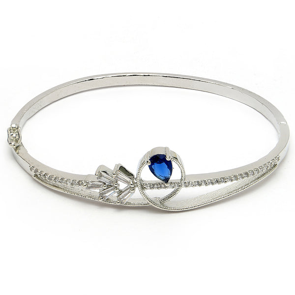 Rhodium Plated Silver Toned Blue Teardrop American Diamond Studded Cuff Bracelet