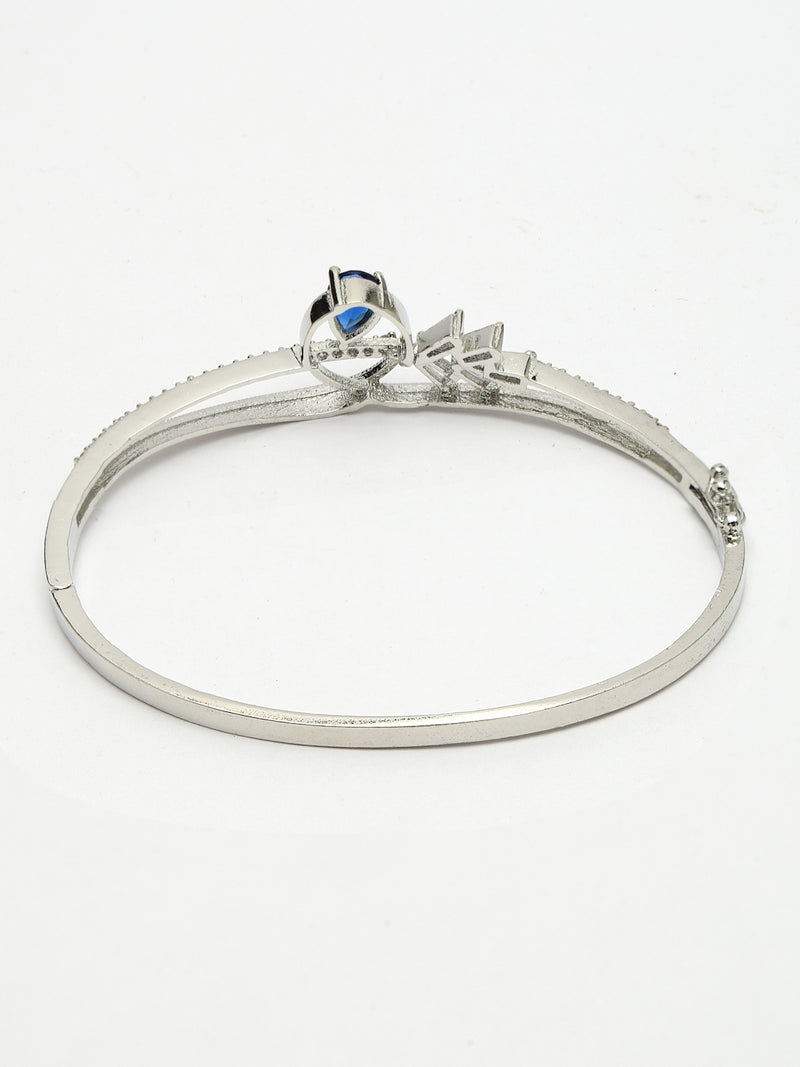Rhodium Plated Silver Toned Blue Teardrop American Diamond Studded Cuff Bracelet