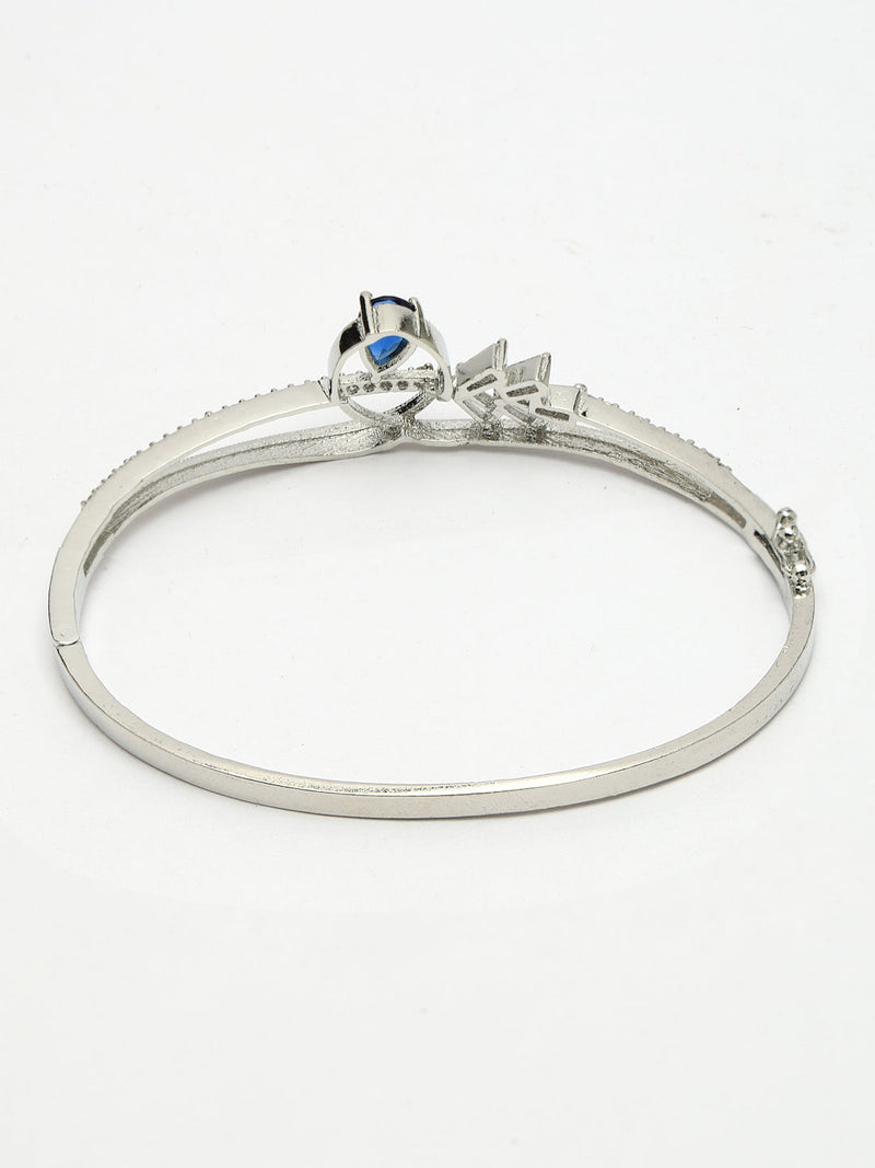 Rhodium Plated Silver Toned Blue Teardrop American Diamond Studded Cuff Bracelet