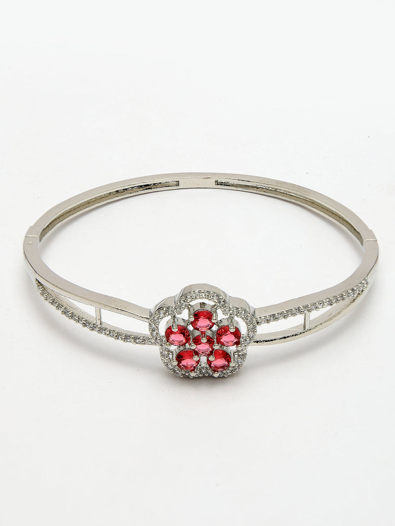 Rhodium Plated Silver Toned Floral Cluster Red American Diamond  Studded Cuff Bracelet