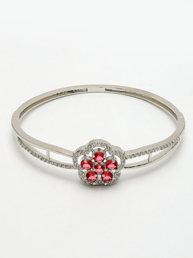 Rhodium Plated Silver Toned Floral Cluster Red American Diamond  Studded Cuff Bracelet