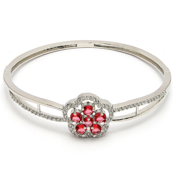Rhodium Plated Silver Toned Floral Cluster Red American Diamond  Studded Cuff Bracelet