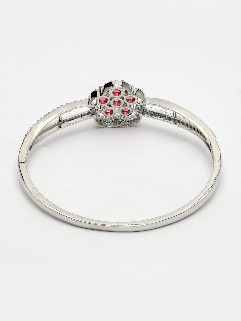 Rhodium Plated Silver Toned Floral Cluster Red American Diamond  Studded Cuff Bracelet