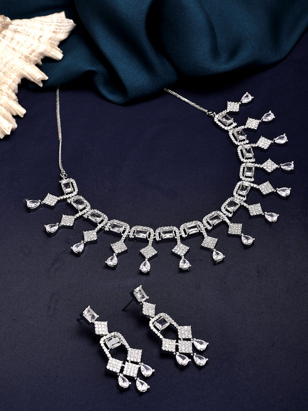 Rhodium Plated with Crystal Chandelier Design American Diamond Studded Necklace Set