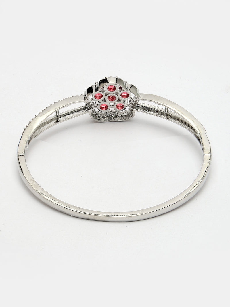 Rhodium Plated Silver Toned Floral Cluster Red American Diamond  Studded Cuff Bracelet