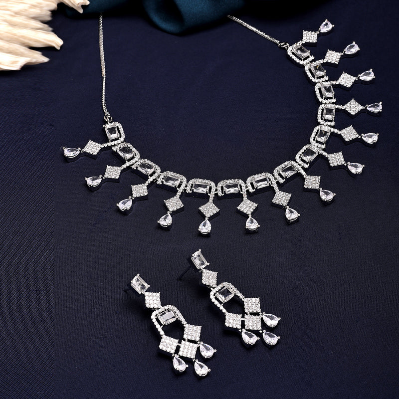 Rhodium Plated Crystal White American Diamond Studded Jewellery Set
