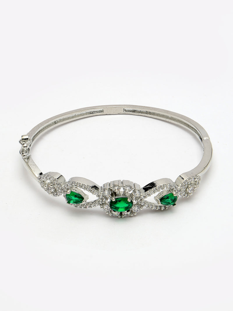 Rhodium Plated Silver Toned Oval & Teardrop Green American Diamond Studded Cuff Bracelet