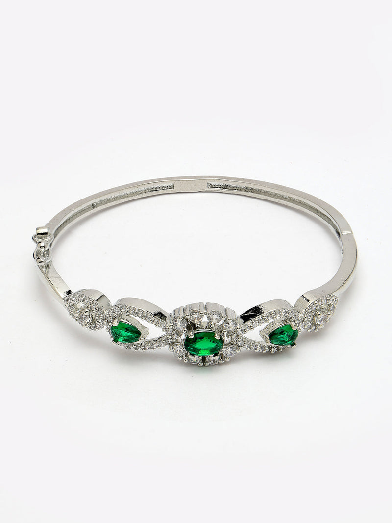 Rhodium Plated Silver Toned Oval & Teardrop Green American Diamond Studded Cuff Bracelet