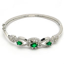 Rhodium Plated Green AD Stone Oval & Teardrop Contemporary Cuff Bracelet