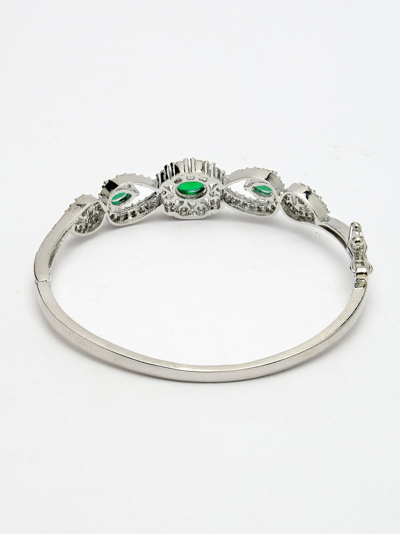 Rhodium Plated Silver Toned Oval & Teardrop Green American Diamond Studded Cuff Bracelet