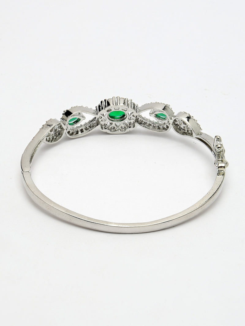 Rhodium Plated Silver Toned Oval & Teardrop Green American Diamond Studded Cuff Bracelet