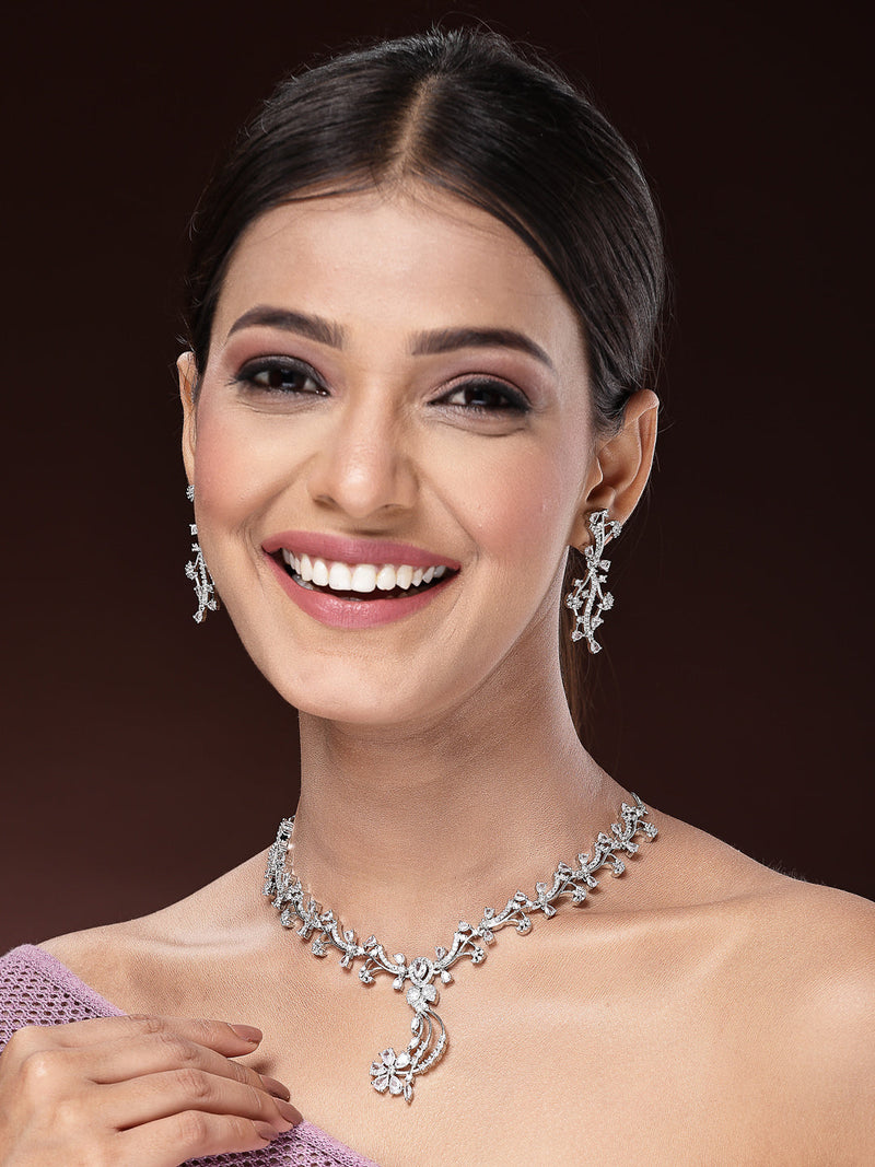 Rhodium Plated & Floral Vine Cascade with White American Diamond  Stone Studded Jewellery set