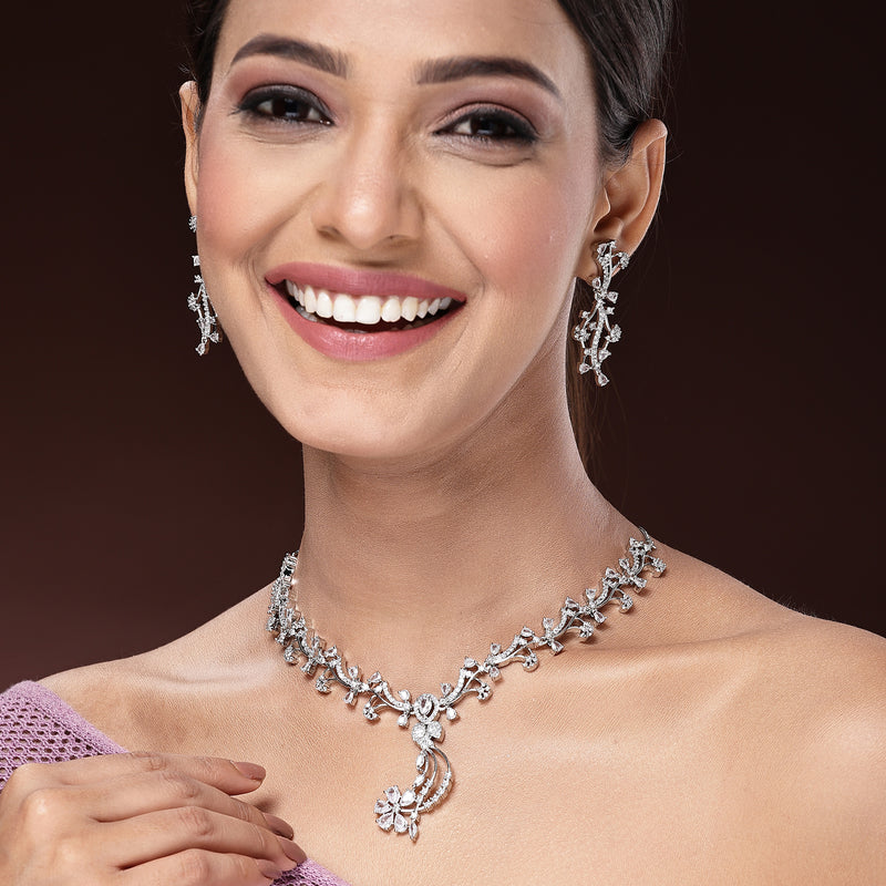 Rhodium Plated & Floral Vine Cascade with White American Diamond  Stone Studded Jewellery set
