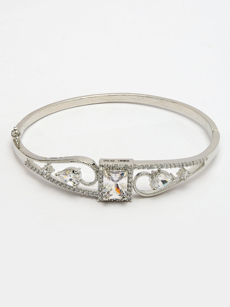 Rhodium Plated Silver Toned White Square & Teardrop American Diamond Studded Cuff Bracelet