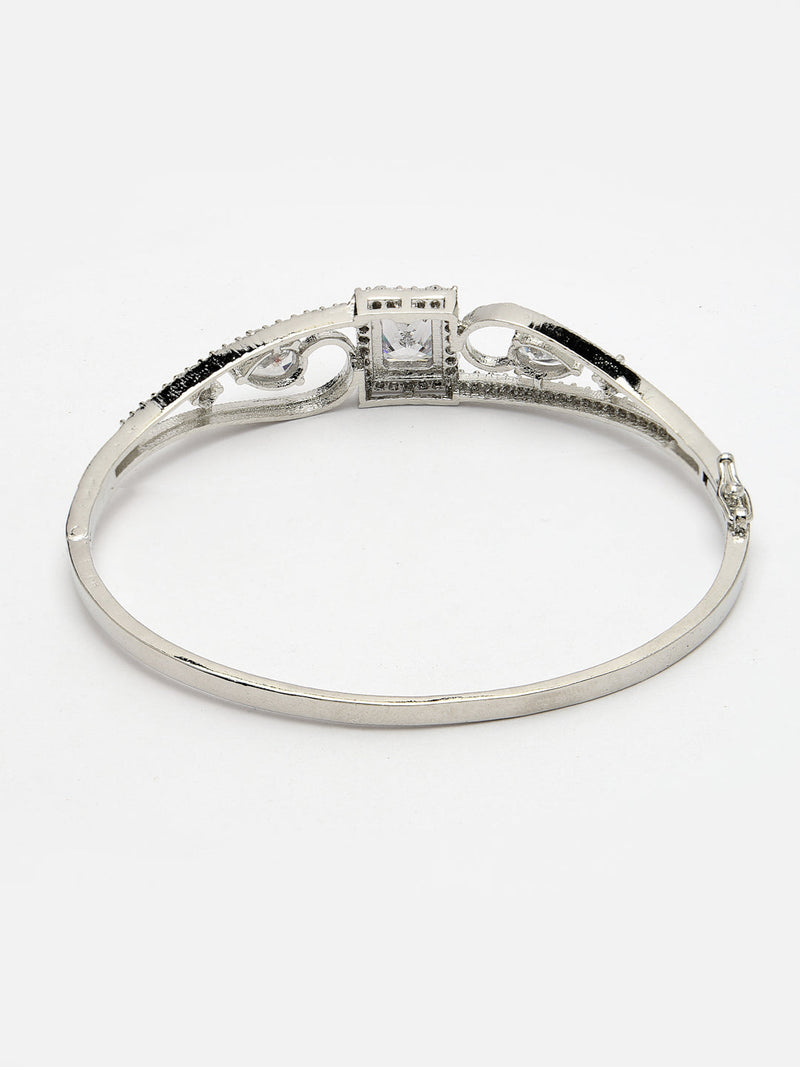 Rhodium Plated Silver Toned White Square & Teardrop American Diamond Studded Cuff Bracelet